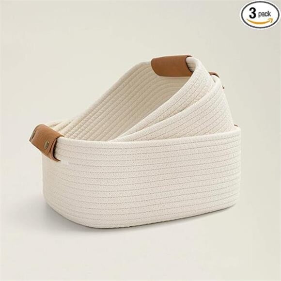 3 Pack Rectangle Cotton Rope Woven Basket with Handles for Books, Magazines - Picture 8 of 8